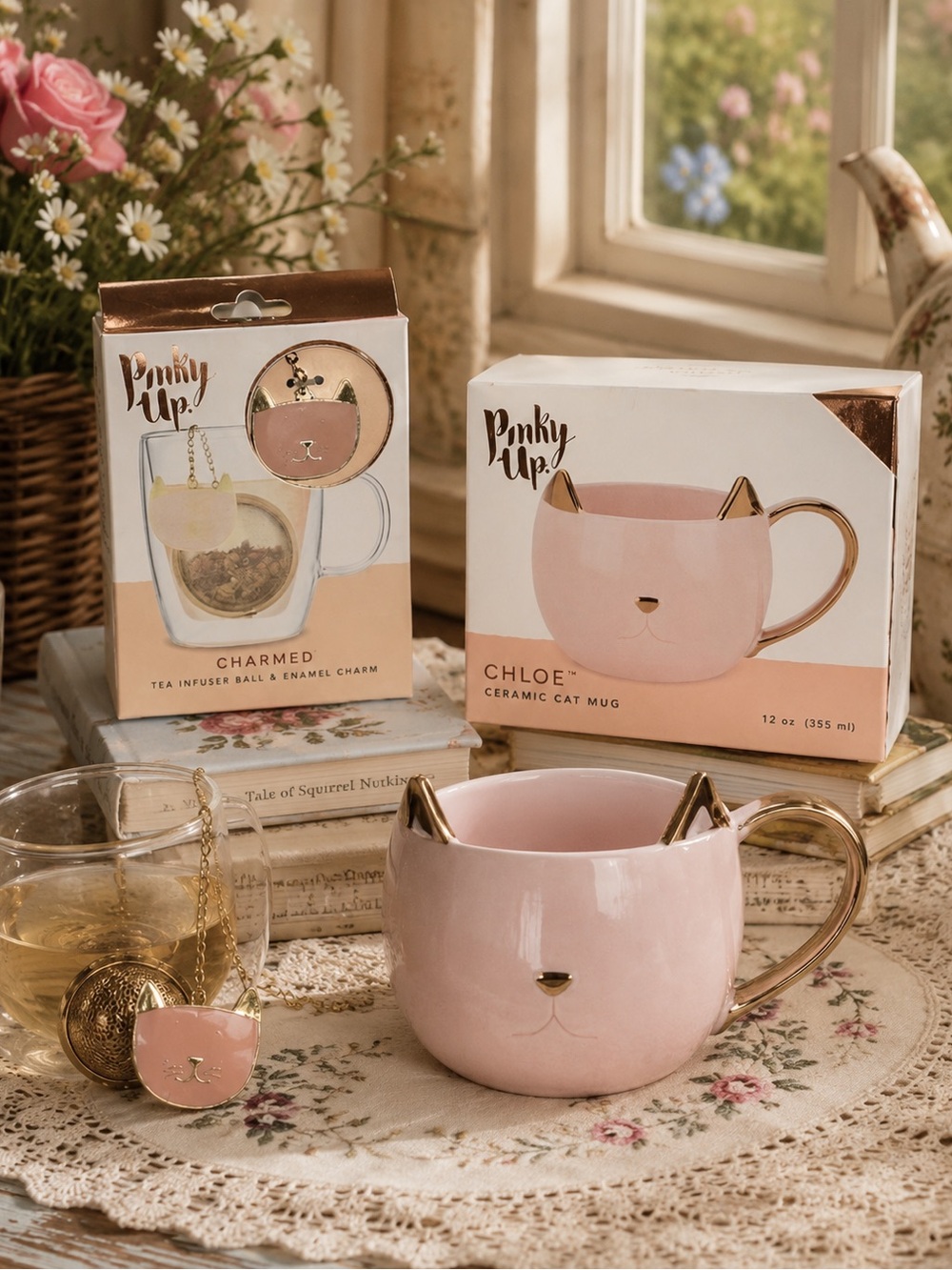 Pinky Up Chloe Pink Cat Mug Tea Infuser Set NWT